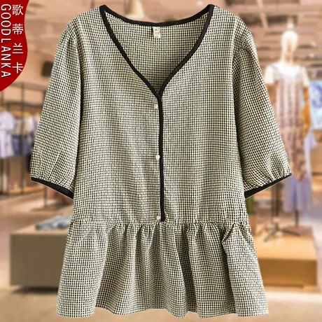 大码夏装200斤格子短袖上衣女洋气时尚娃娃衫中年妈妈棉麻小衫T恤商品大图