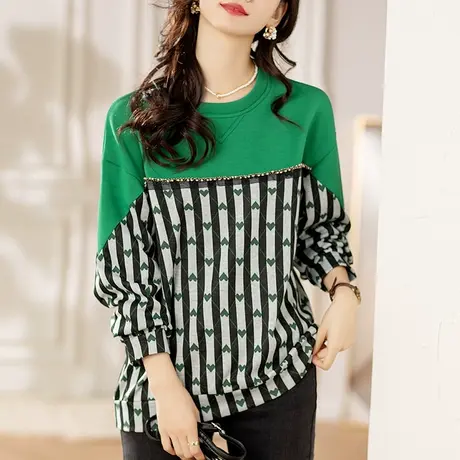 无帽卫衣女春秋新款宽松加大码女装中年妈妈休闲钉珠百搭显瘦上衣商品大图