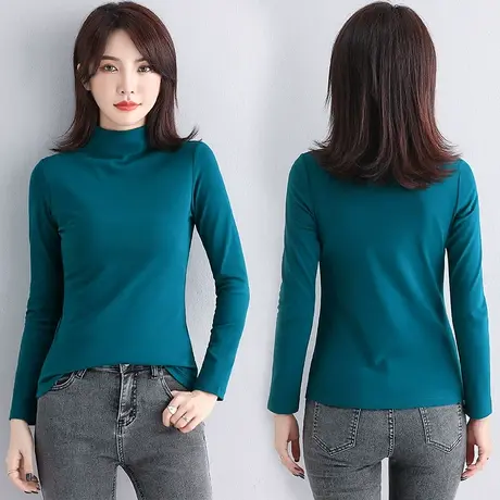 孔雀蓝色小立中半高领打底衫内搭长袖t恤女春秋季修身大码上衣薄图片
