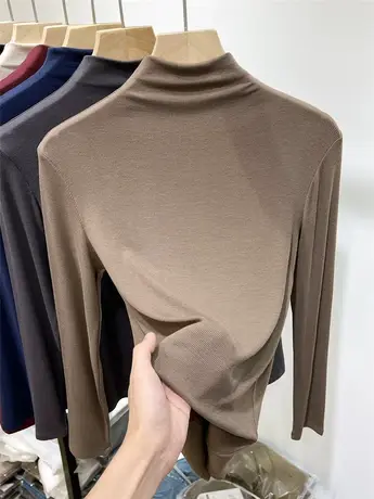 欧货螺纹半高领长袖t恤女2023新款早秋修身洋气内搭打底小衫上衣商品大图