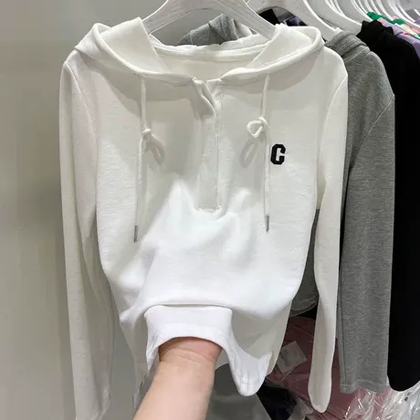 连帽白色长袖t恤女韩国东大门2023春季新款时尚洋气打底小衫上衣图片