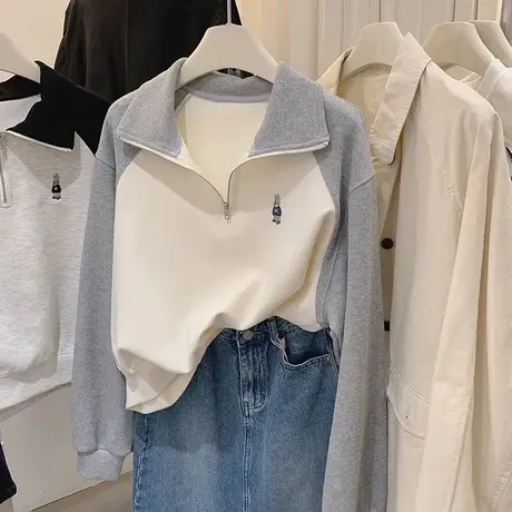 撞色刺绣半拉链POLO领卫衣女2023新款秋冬加绒加厚翻领上衣外套潮图片