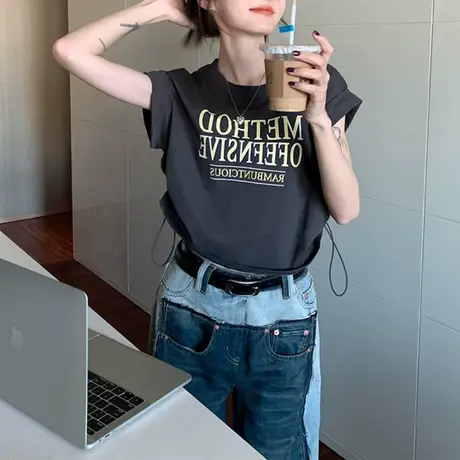 别致正肩美式甜辣妹宽松短袖T恤女夏季设计感小众短款抽绳上衣ins商品大图