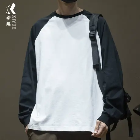 希越260g精梳棉男生长袖T恤秋季宽松大码拼接撞色内搭打底衫男潮商品大图