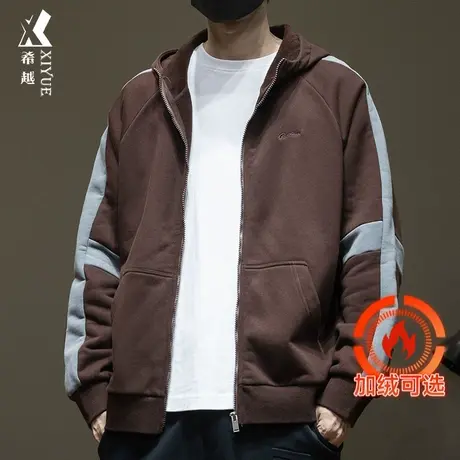 希越重磅加绒男士卫衣2023秋冬潮牌连帽开衫宽松大码绣花休闲外套商品大图