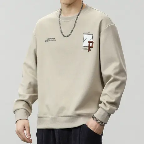 2024新款男士春季杏色潮牌圆领卫衣春秋款男装重磅长袖上衣服春天商品大图