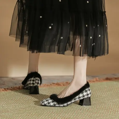 千鸟格毛毛鞋女粗跟2024新款秋冬加绒复古方头气质单鞋低跟不累脚图片