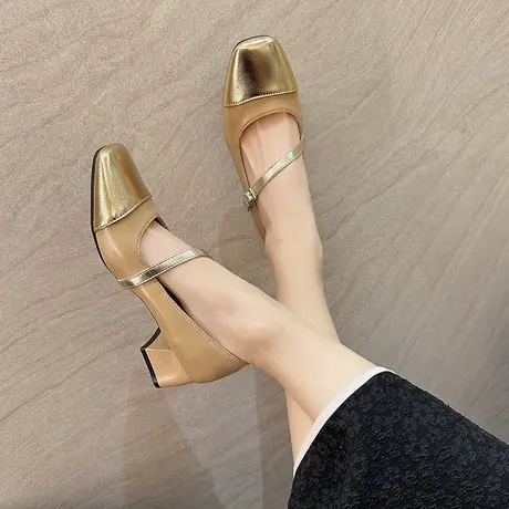 中跟粗跟单鞋女浅口2024春秋新款小香风法式玛丽珍高跟鞋方头皮鞋图片