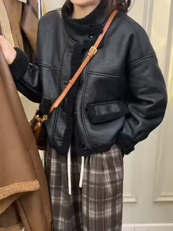 短款立领复古皮毛一体外套女2023冬季新款时尚洋气小个子复古外套商品大图