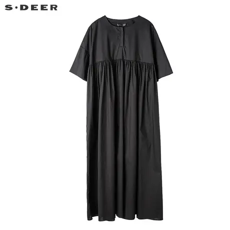 sdeer圣迪奥2019夏装纯黑拼接宽松A字圆领衬衫连衣裙女S17281236图片