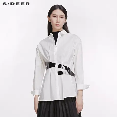 sdeer圣迪奥春秋女装撞色线条中长款收腰白色长袖衬衫潮S20180507图片