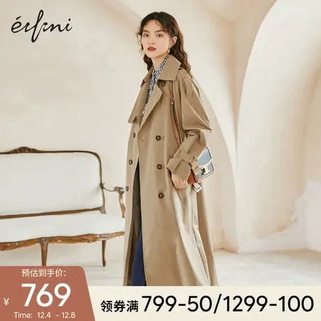 伊芙丽2021年新款秋装外套卡其色中长款炸街薄款风衣大衣女小个子商品大图
