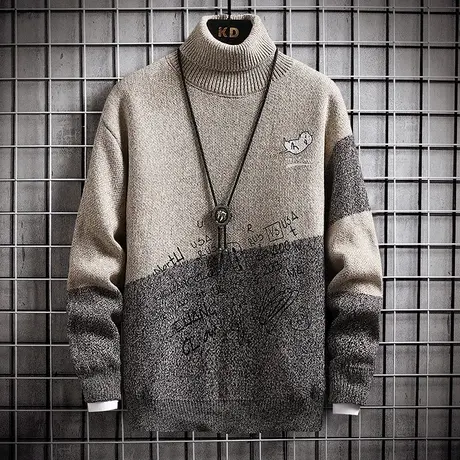 毛衣男士高领新款针织衫2023年秋冬季拼色加绒加厚保暖长领打底衫商品大图