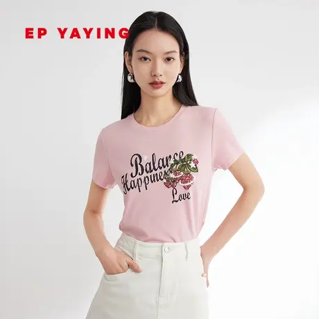 EP YAYING雅莹女装 国潮刺绣草莓宽松短袖T恤 2023早春新款5302A商品大图