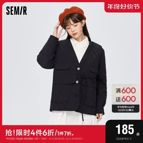 森马棉服女中长款黑色宽松假两件加绒2023冬上衣v领菱形轻型外套图片