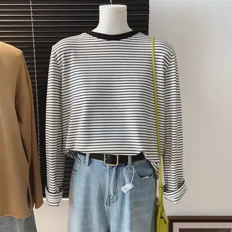 磨毛加厚保暖条纹打底衫女装秋冬款韩版百搭德绒长袖T恤宽松上衣商品大图
