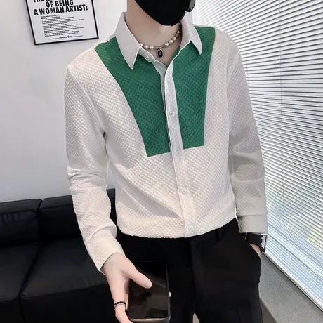长袖衬衫男秋季港风复古格子拼接设计感衬衣ins修身休闲痞帅外套商品大图