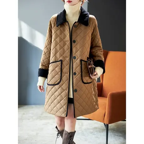 宝诗黎翻领中长格子夹棉外套直筒女士羽绒服2023年新款宽松秋冬装商品大图