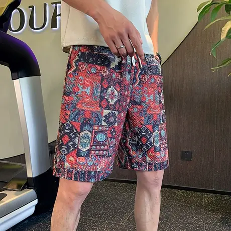 夏季男士潮流民族风高级设计重工时尚沙滩休闲裤花色中裤五分裤商品大图