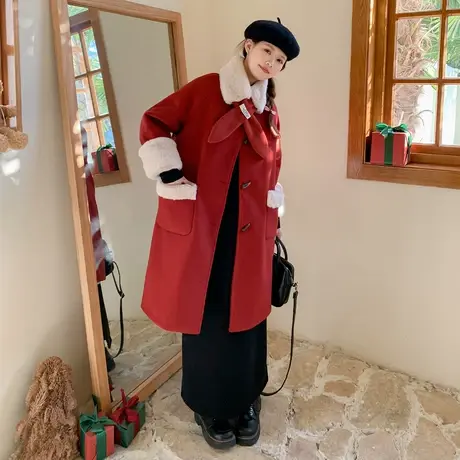 othermix 毛毛围脖领甜美撞色大衣女秋冬新款加绒加厚中长款外套商品大图