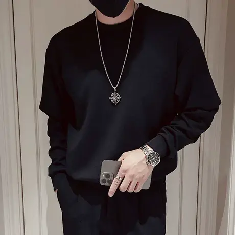 秋季卫衣t恤打底衫上衣长袖潮流休闲圆领假两件拼接设计纯色体恤商品大图