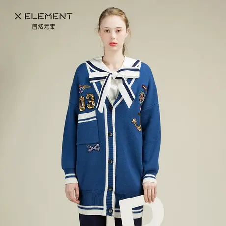 自然元素2017冬装新款宽松蓝色v领开衫大毛衣外套女中长款图片