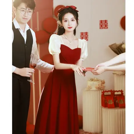 订婚礼服女法式敬酒服新娘结婚便装红色连衣裙回门服平时可穿夏季图片