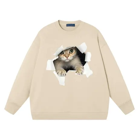 秀洛猫咪春秋圆领纯棉大毛圈卫衣韩版学院风长袖打底男情侣衣服商品大图