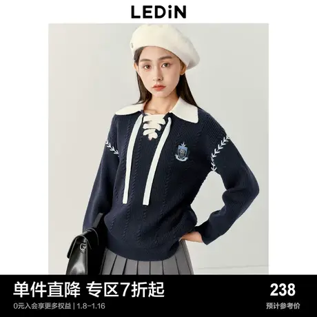 乐町撞边休闲POLO领针织衫冬V领绑带设计美式学院风宽松套头毛衣图片