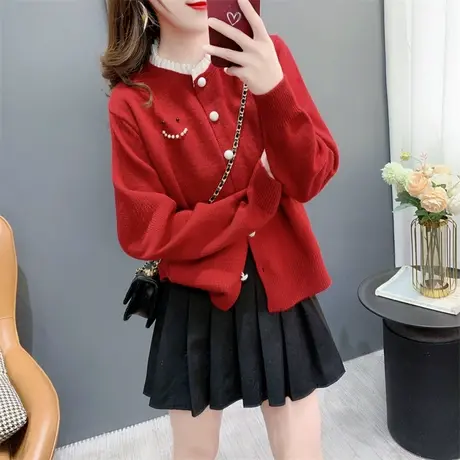 新年红色钉珠甜美针织开衫女春季2024新款洋气减龄设计感毛衣外套商品大图