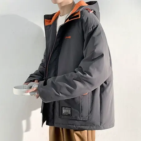 唐狮棉服男连帽撞色工装刺绣贴标短款棉衣棉服男学生加厚冬季棉袄图片