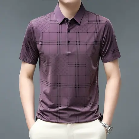 男士衬衣领Polo衫格子冰丝时尚休闲翻领短袖T恤青年爸爸装打底衫商品大图