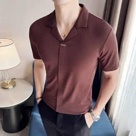 套头古巴领T恤男短袖高弹腔调V领半袖POLO衫夏季冰丝无痕翻领小T商品大图