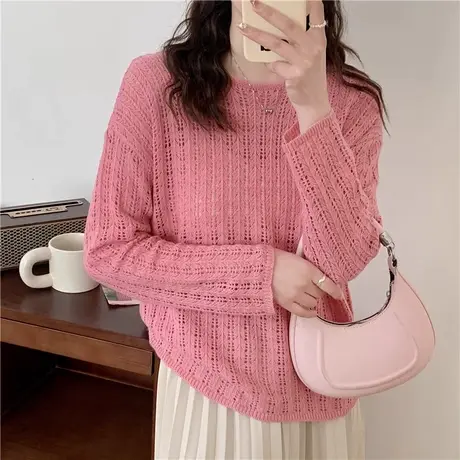 镂空圆领针织衫女2024年春季新款宽松薄款纯色长袖罩衫上衣洋气女商品大图