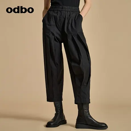 odbo/欧迪比欧原创设计百搭松紧高腰黑色休闲裤女秋装2023年新款商品大图