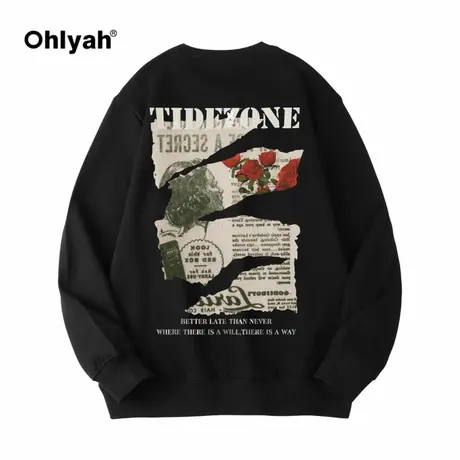 Ohlyah潮牌美式高街复古报纸玫瑰印花男女大码卫衣男女款纯棉上衣商品大图