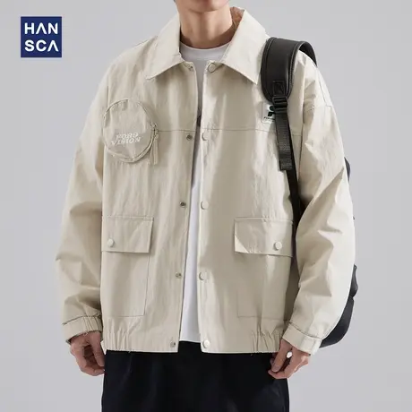 hansca日系复古多口袋工装夹克男春秋季潮牌宽松大码休闲翻领外套商品大图