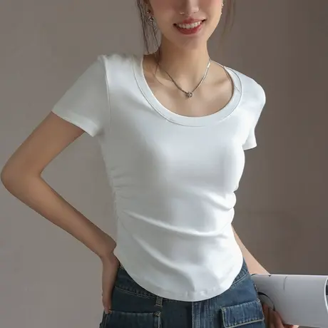 短袖t恤女夏季2023新款白色设计感小众纯棉修身显瘦褶皱正肩上衣商品大图