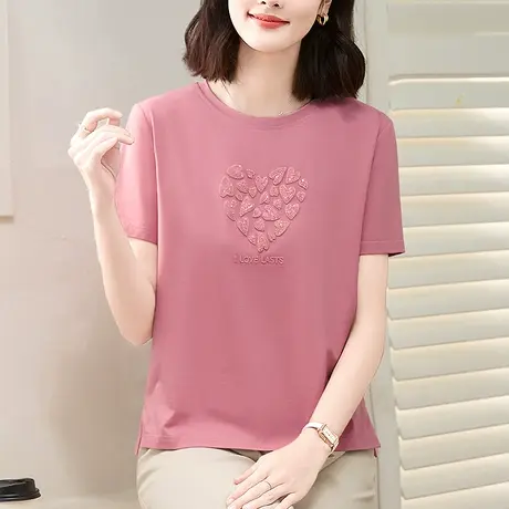 重工刺绣纯棉t恤女新款洋气中年妈妈夏装短袖上衣精致半袖体恤衫图片