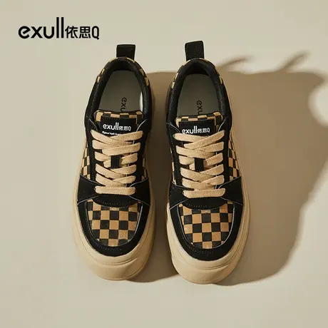 依思q厚底帆布鞋女2023新款夏天秋款百搭超火棋盘格时尚休闲鞋女图片