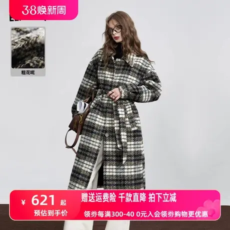 妖精的口袋粗花呢格纹毛呢外套女2023冬季新款复古英伦长款呢大衣图片