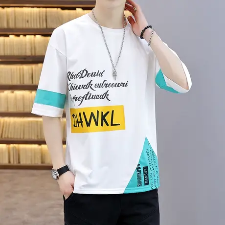 港风t恤男短袖百搭青少年学生打底衫五分袖半截袖潮牌ins男装夏季商品大图