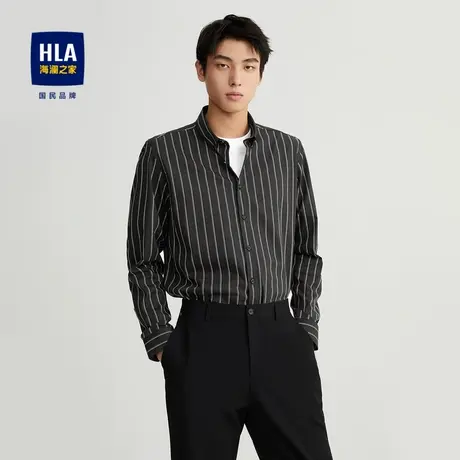 HLA/海澜之家条纹提花长袖休闲衬衫2023春夏新款扣领尖领黑衬衣男图片