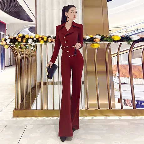 VJE时尚气质大翻领设计感工装收腰连体裤女新款女神范连身裤商品大图