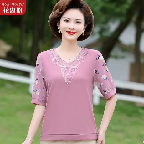 2023新款中老年女夏装小衫中年妈妈夏季上衣针织打底中袖两件套装商品大图