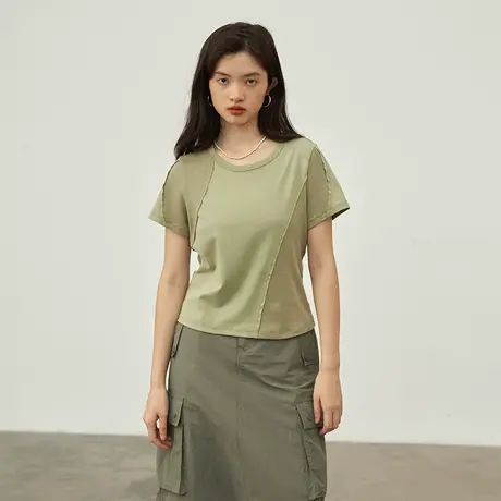 omont蛋挞家 复古圆领拼接上衣2023夏季新款正肩显瘦短袖T恤女商品大图