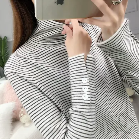 条纹打底衫内搭洋气秋季2023新款女装堆堆领针织宽松女士网红毛衣商品大图