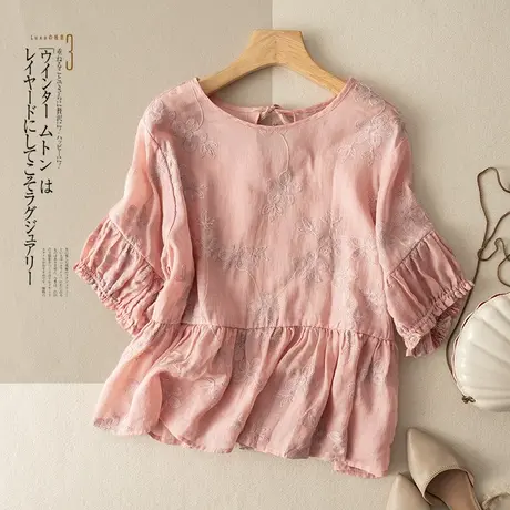 享永子五分袖苎麻上衣女刺绣棉麻娃娃衫宽松气质文艺复古2023新款图片