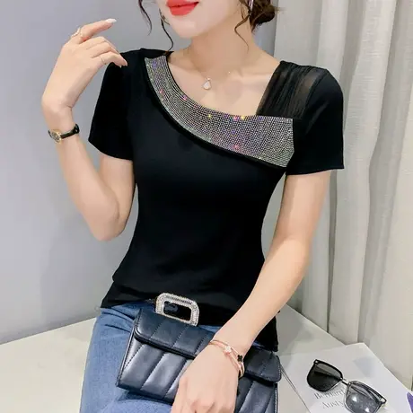 时尚烫钻短袖T恤女洋气网纱拼接上衣夏装性感紧身百搭半袖小衫潮商品大图