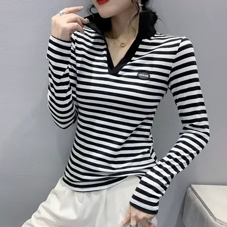 POLO领条纹T恤女士长袖时尚洋气百搭上衣欧货别致显瘦打底衫春秋商品大图